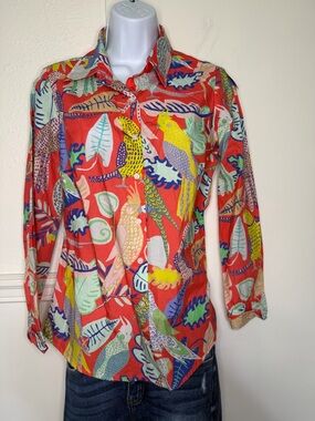 Oliphant Red Tropical Parrot Print Button-Down Shirt size S